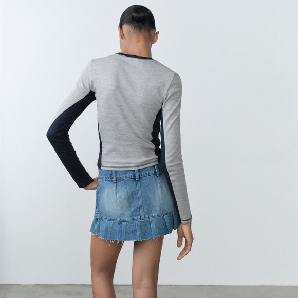 Mango Cotton long sleeve t-shirt cropped top contrasting panels S gray dark navy - Picture 6 of 7